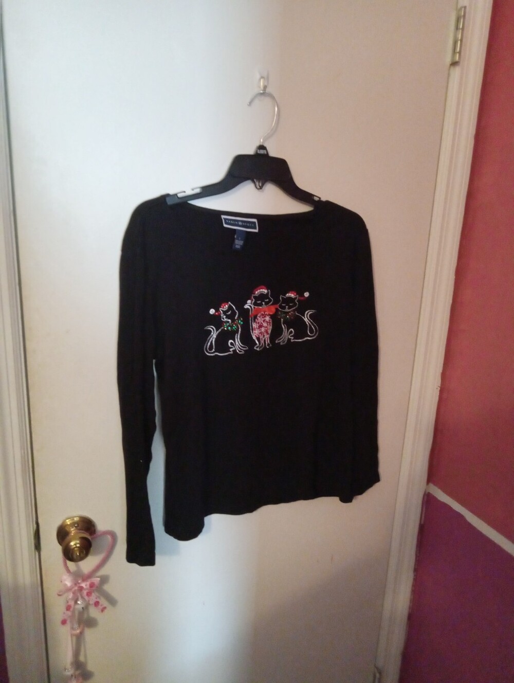 Women's Size L Karen Scott Christmas Bling Rhinestone Cat Graphic Print Top